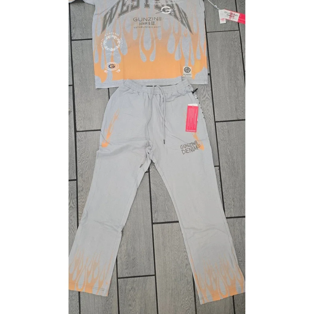 Gunzinii Denim Co Mens Grey Orange Flame Western 11:11 T-Shirt & Pants Set XL